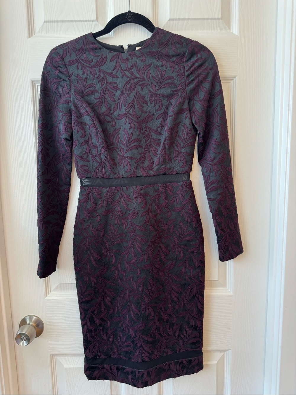 Alice + Olivia Plum Black Baroque Jacquard Mesh Waist Long Sleeve Dress